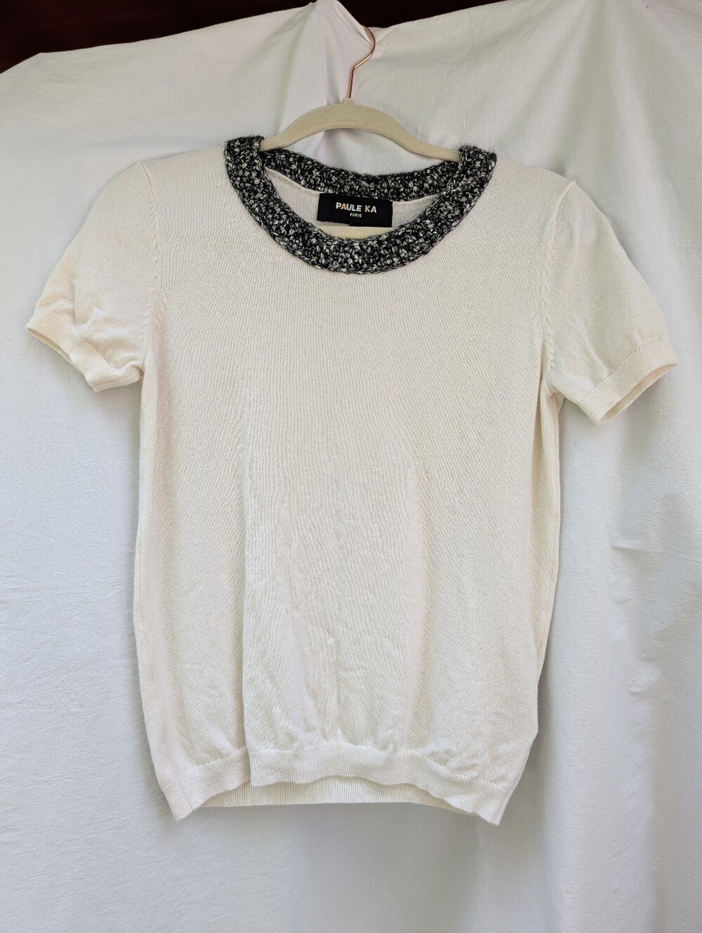 Paul Ka Paris Short Sleeve Wool Cashmere Sweater Cream Sz L (M)